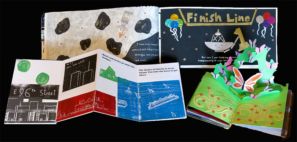 The Ezra Jack Keats Foundation and the NYC Department of Education announced the city-wide winners of the 2014 Ezra Jack Keats Bookmaking Competition: top, Journey to the Stars, written by Gianluca Pellegrini and illustrated by Ping Wen Lin (Grade 5, P.S. / I.S. 229, The Dyker School, Brooklyn); left, New York City, co-written and illustrated by Alex Trinidad and Brian Tzic (Grade 8, P77 K/ District 75, Brooklyn); right, In Praise of Plants: Part V, illustrated by Aleksandra Stanisavljevic (Grade 12, Stuyvesant High School, Manhattan).