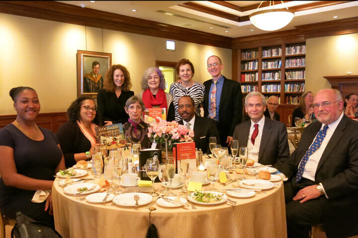 Pictured, from left, seated: Shadra Strickland and Tonya Cherie Hegamin, Ezra Jack Keats Book Award winners; Deborah Pope; E.B. Lewis; Arthur Jacobs and John Burleigh, attorneys; standing, Patricia Bayer Troup, Ezra Jack Keats Board of Directors; Deborah Hallen Zelinsky, educator; and Fran Manushkin and Paul O. Zelinsky, children’s book authors.
