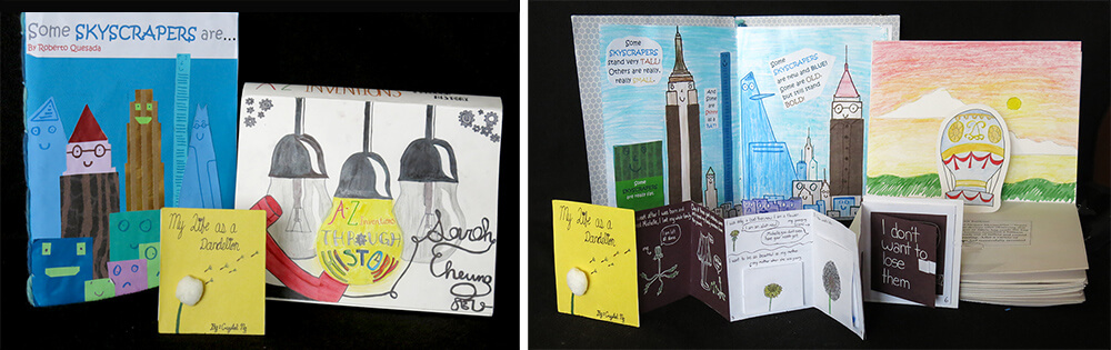 The city-wide winners of the 30th annual Ezra Jack Keats Bookmaking Competition are from left to right: “Some Skyscrapers Are…,” written and illustrated by Roberto Quesada (Grade 5, P.S. 63, Old South School, Ozone Park, Queens); A-Z Inventions Through History, written and illustrated by Sarah Cheung (Grade 8, I.S. 141, The Steinway School, Astoria, Queens); and My Life as a Dandelion, written and illustrated by Crystal Ng (Grade 10, Brooklyn Technical High School, Fort Greene, Brooklyn). City-wide and borough winning books, honorable mentions and all school-wide winning books will be on exhibit at Brooklyn Public Library Central Library (at Grand Army Plaza), May 2–27.